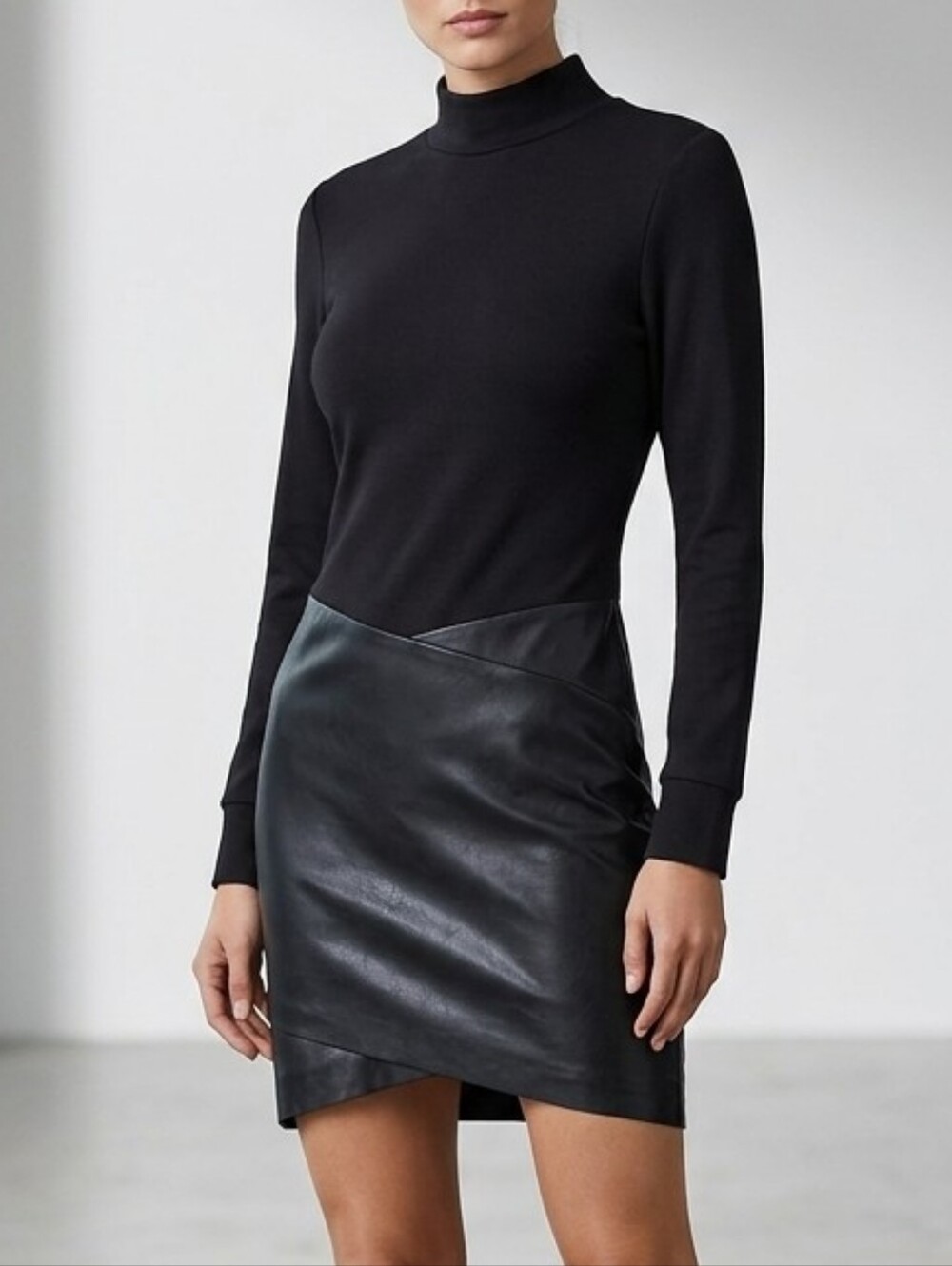 Kenneth Cole Faux Leather Asymmetrical 1 Piece Shirtdress Attchd Mini Skirt Sz 8